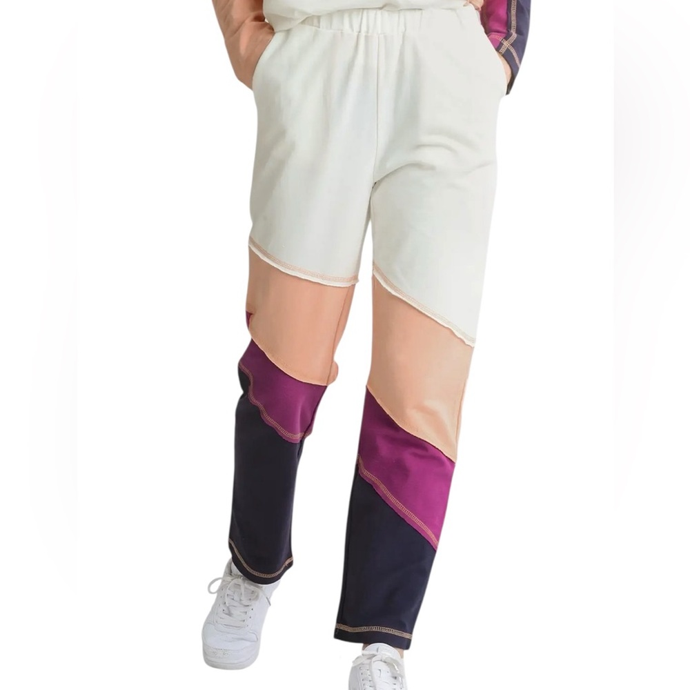Umgee Colorblock Jogger Pants in Cream, Peach, Purple & Black